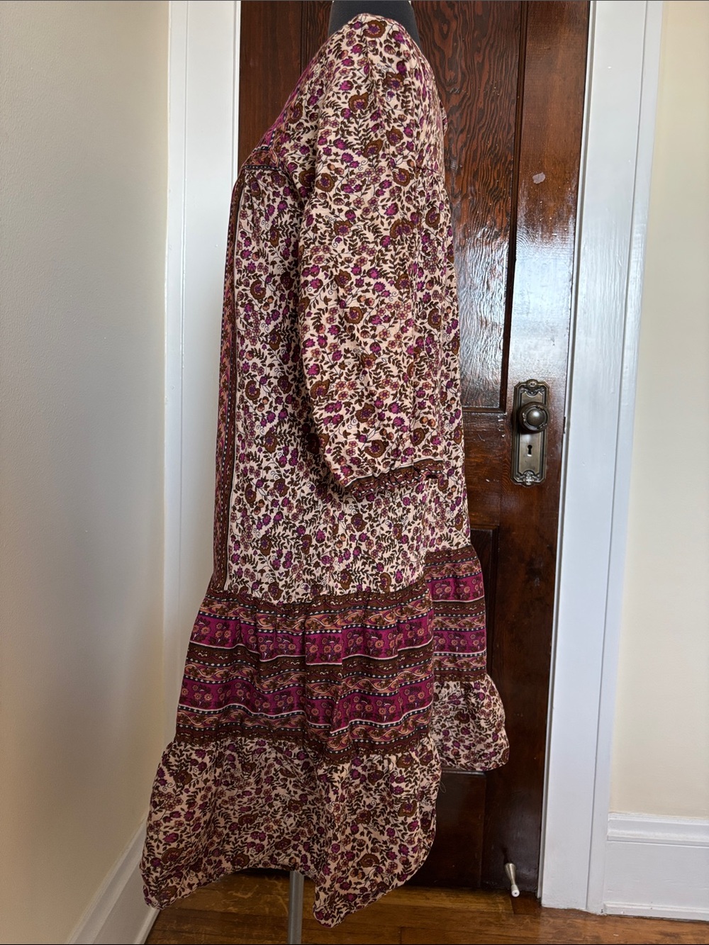 1970s Vintage Bohemian Floral Pink and Brown Midi Dress Kaiser 100% Cotton Flowy - Picture 3 of 11